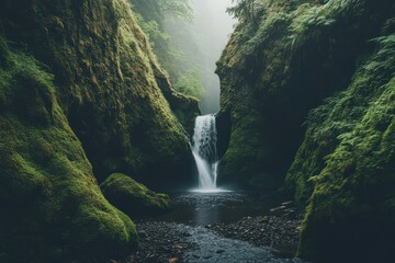 Misty waterfall cascading through lush, moss-covered canyon