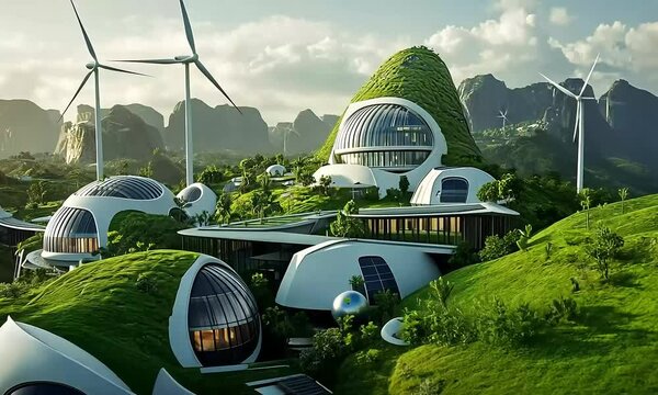 Envisioning a sustainable future: Innovative eco-friendly architectural utopia nestled amidst green hills