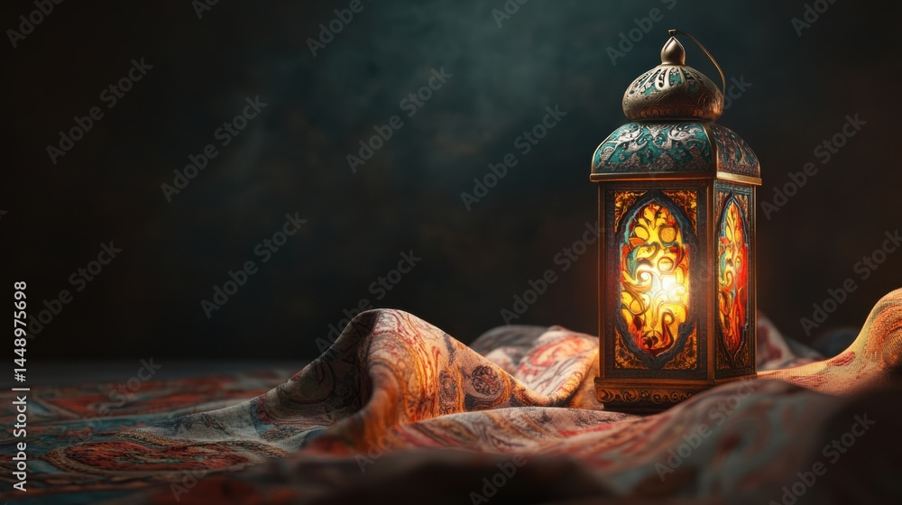 Poster decorative lantern illuminating fabrics with intricate patterns and colors