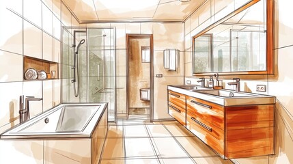 Interior design sketch of a modern bathroom.