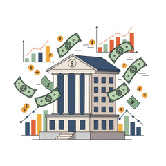 Naklejka premium Financial growth illustration of a bank building with financial symbols