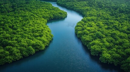 Serene winding river flowing through lush green tropical rainforest trees