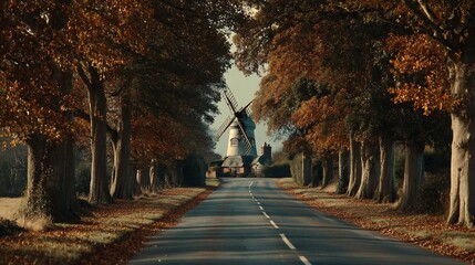 Autumnal lane with windmill