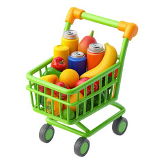 Stylized 3D green shopping cart with food items and household goods floating on transparent background