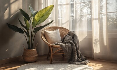 Tranquil corner seating area with plant and soft light.