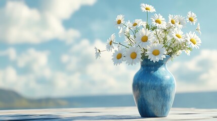 A beautiful blue vase filled with daisies capturing the essence of a refreshing summer breeze generative ai