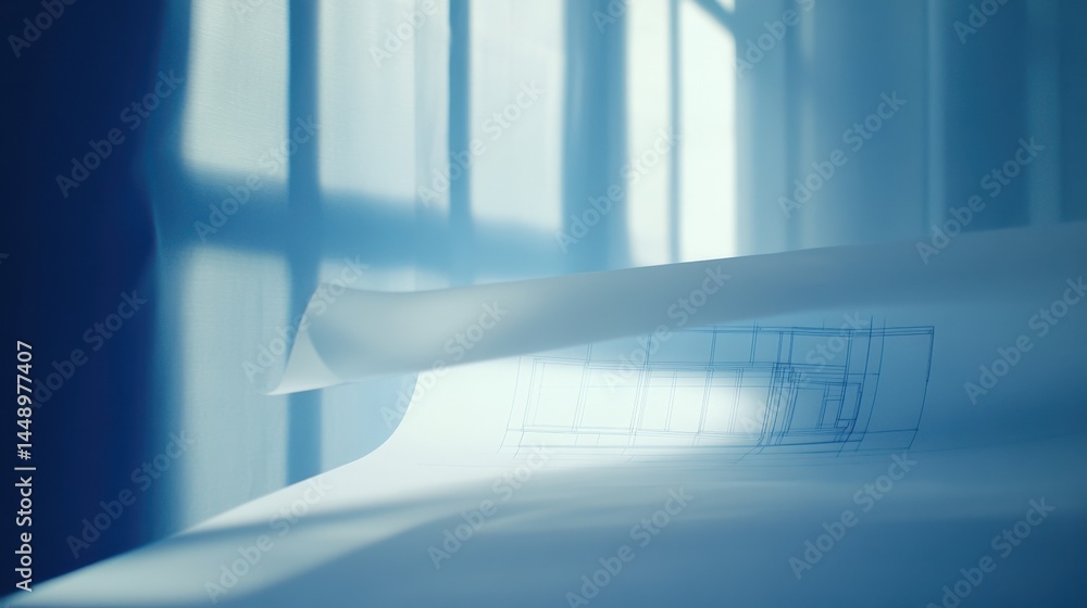 Poster sunlight over blueprint pages with soft shadows and illuminated texture