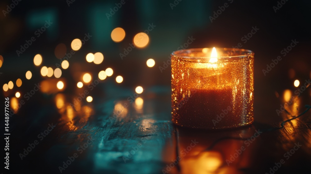 Aufkleber flickering candle in sparkling holder with soft bokeh background