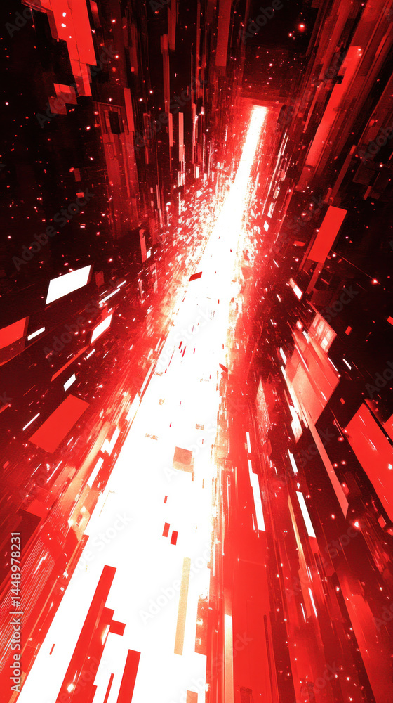 Poster a red and white image of a bright light shooting through a red and white background. the image has a