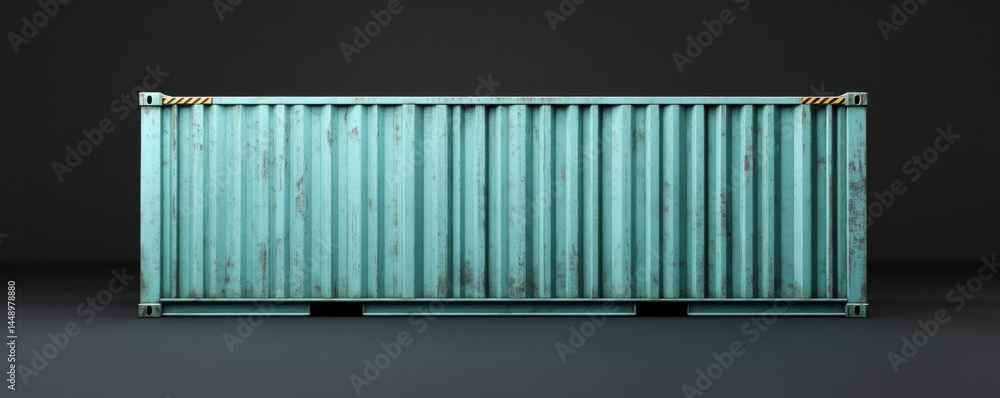 Poster a large blue container with yellow and black markings. the container is empty and has a rustic appea