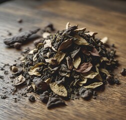 Macro shot of a small pile of tea leaves on a polished wooden surface, showcasing intricate details. Generative AI
