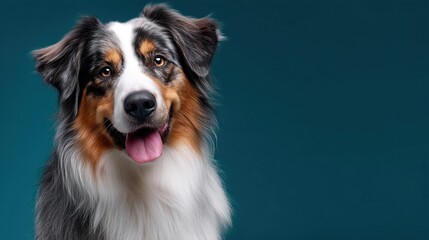 Fototapeta premium Adorable dog portrait showcasing a happy, expressive Australian Shepherd with vivid coloring.