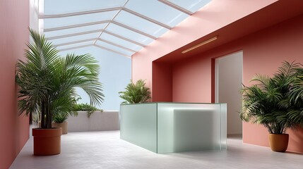 Modern lobby with lush plants, stylish reception, and an airy skylight design.