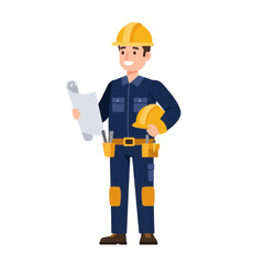 Smiling construction worker reviewing blueprints illustration