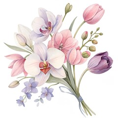 Naklejka premium Watercolor Bouquet of Pastel Orchids and Tulips