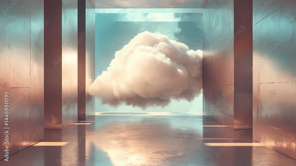 Wall mural surreal architecture with a giant cloud inside a metallic room. generative ai image. [dream architec