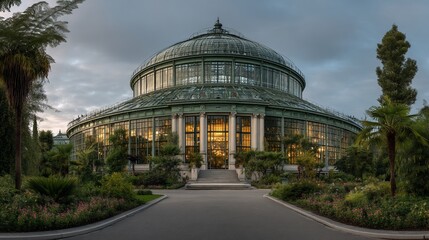 Grand glasshouse at dawn, lush greenery, pathway