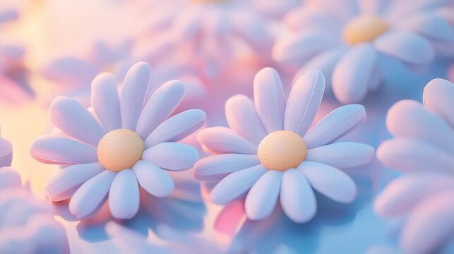 Soft and playful daisy flowers as squishy rubber characters rendered in pastel tones generative ai