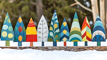 Obraz premium Hand-Painted Wooden Christmas Trees on Snowy Log