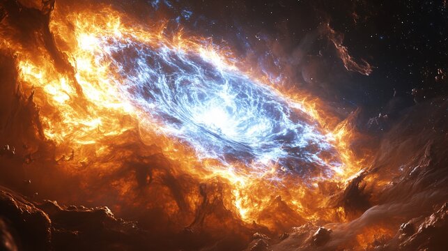 Vibrant blue supernova with swirling cosmic dust. Ideal for science fiction book covers, space exploration presentations, astronomy events. Azure celestial galactic background.