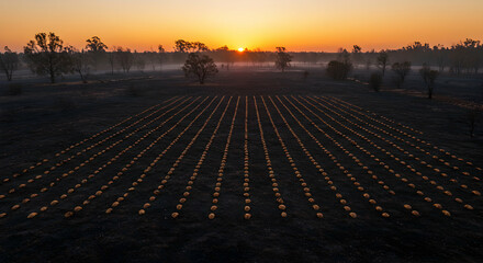 Obraz premium Field with Rows of Round Objects at Sunrise Landscape