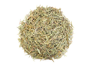 Pile of aromatic dry rosemary isolated on white, top view