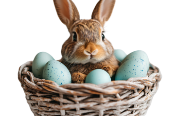 Easter bunny in a white wicker basket with blue and green egg isolated on a transparent background PNG