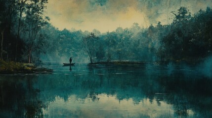 Misty serenity of a tranquil forest lake.