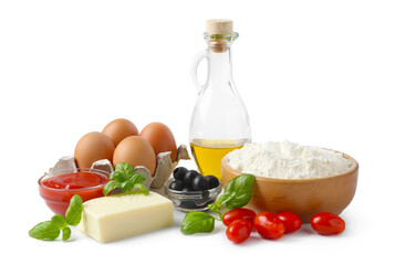 Making pizza. Different ingredients isolated on white