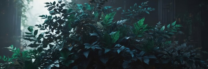 Intricate dark foliage, vibrant emerald & sapphire leaves, shadows, nature, background