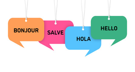 Paper speech bubbles with greetings in different languages hanging on white background. Banner design © New Africa