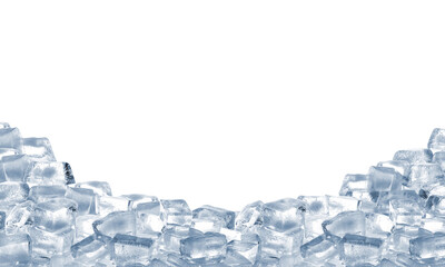 Pile of clear ice cubes on white background