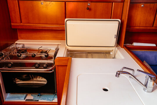 Interior decoration of kitchen in boat room