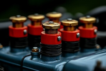 Close-up of vintage engine components with brass caps and red rings