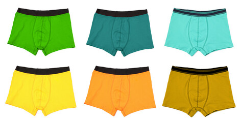 Men's underwear in different colors isolated on white, set