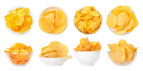 Delicious crispy potato chips in bowls isolated on white, collage. Top and side views