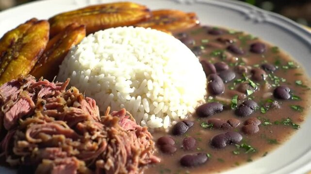 Delicious Dominican La Bandera Recipe:  Stewed Beef, Rice, Beans & Plantains