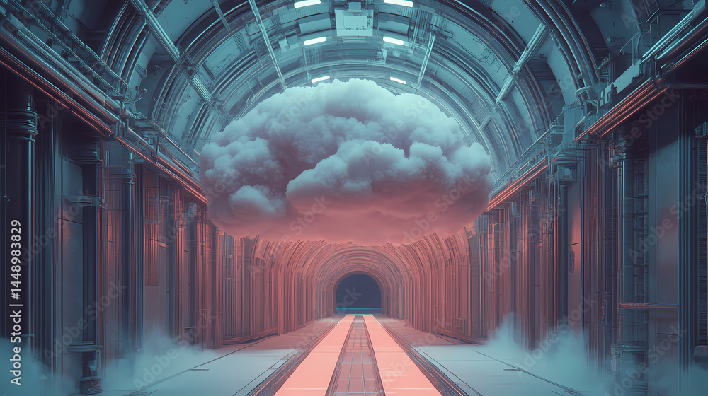 Wall mural surreal architecture with a giant cloud inside a metallic room. generative ai image. [dream architec