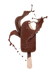 Chocolate ice cream bar and splash of milk on white background