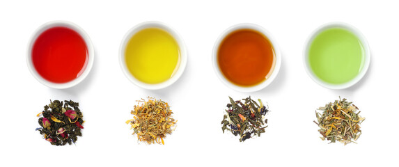 Different types of dried tea leaves and brewed drinks on white background, set. Top view