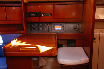 Interior of furnished radio station in boat room