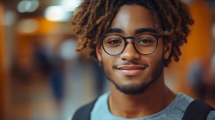 Obraz premium Smiling young black man with glasses and curly hair looking directly at the camera indoors.