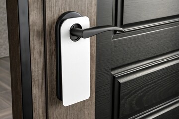 Close up mockup of a blank white door hanger on a black hotel room doorknob