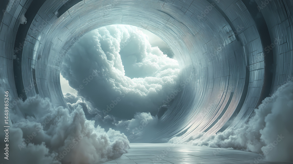 Sticker surreal architecture with a giant cloud inside a metallic room. generative ai image. [dream architec