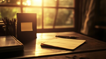 Warm Morning Light Illuminates Cozy Workspace with Notebook and Pen