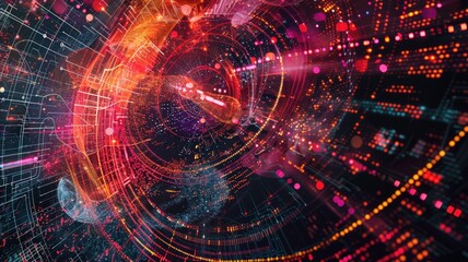 Obraz premium Abstract picture micro light sparkling particle represent data flow vivid flowing wave with high tech background, create digital effect scene perfect for energetic and fantasy wallpaper design. AIG53.