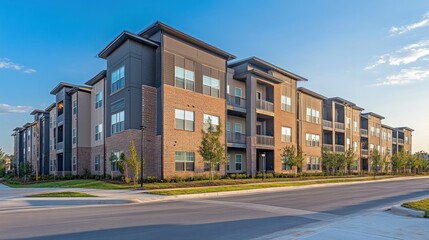 Modern brick and siding apartment building exterior at dusk clear sky background