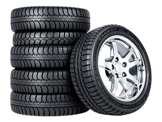 Obraz premium Stack of New Car Tires with Chrome Alloy Wheel on a transparent background