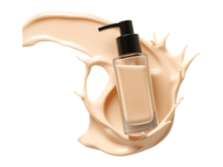 Liquid Foundation Makeup Bottle in Beige with Splash on a transparent background