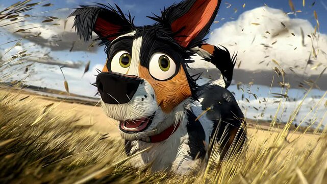 Happy cartoon dog in a field